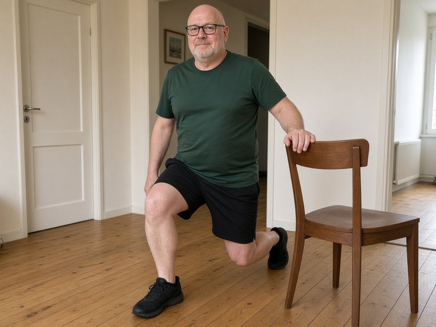 Un homme d'environ 58 ans fait une fente lente à la maison en se tenant à une chaise