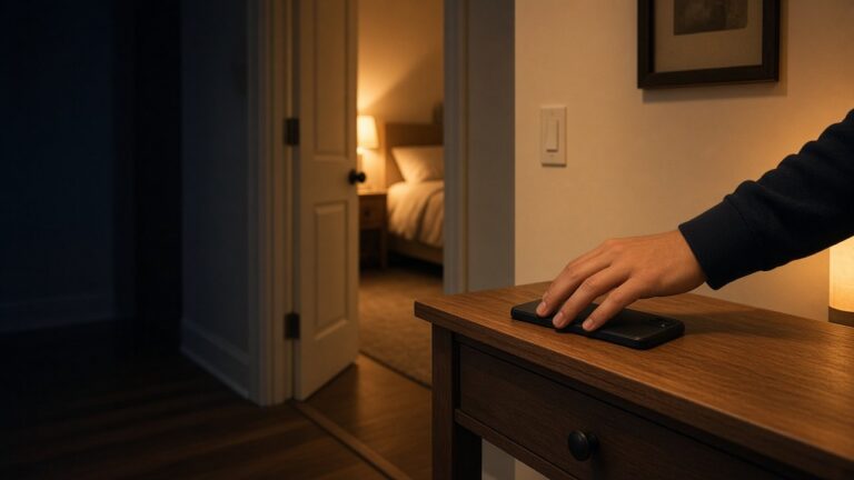 A hand places a smartphone on a cabinet outside an open bedroom door, phone outside the bedroom, warm evening light