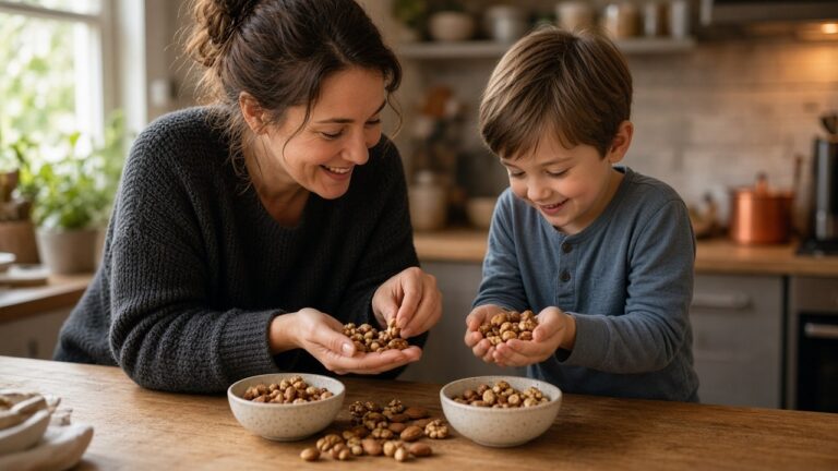 Un parent et un enfant répartissent une poignée de noix dans des petits bols sur le plan de travail