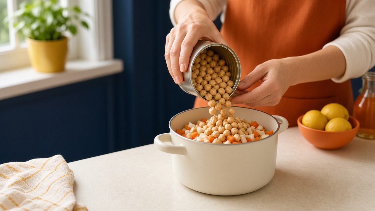 Personne versant des pois chiches en boîte dans une poêle avec des légumes sur un plan de travail