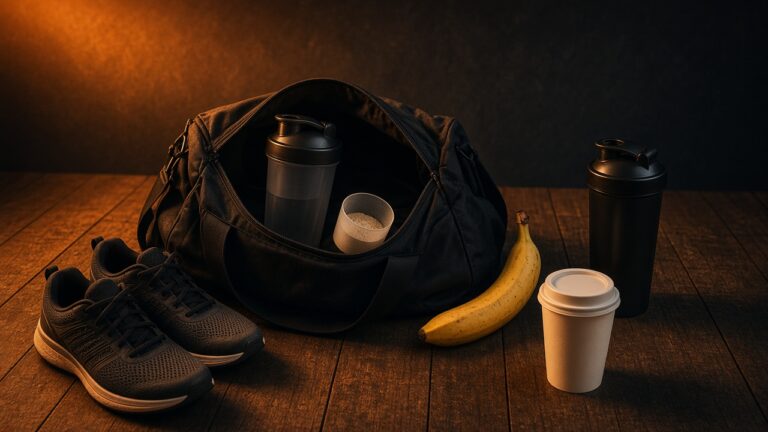 Sac de sport avec chaussures, banane, tasse de café et gourde sur un parquet dans une lumière chaude : ce qu'on prend avant l'entraînement (pre-workout)