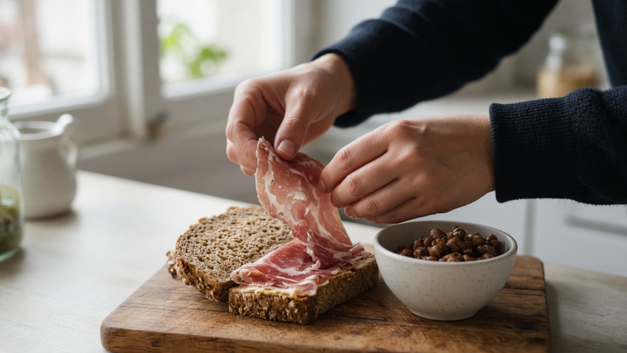 A hand topping a wholegrain sandwich with thin slices of processed meat next to a bowl of legumes