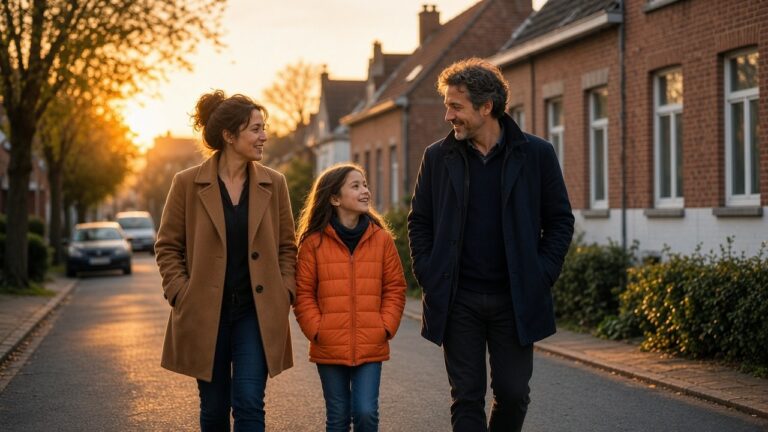 Une famille marche après le repas du soir dans le quartier, à l'heure dorée