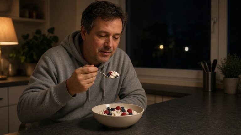 Man in comfortable clothes eating a bowl of quark with berries in a dimly lit kitchen in the evening, protein before bed