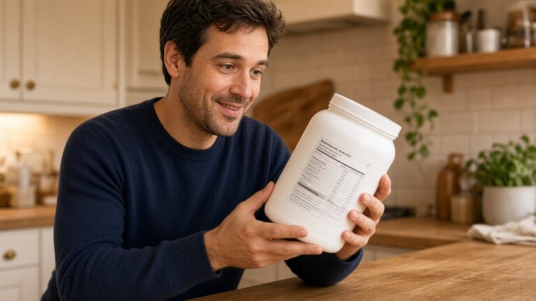 Smiling man in his kitchen holding a large tub of protein powder and reading the label