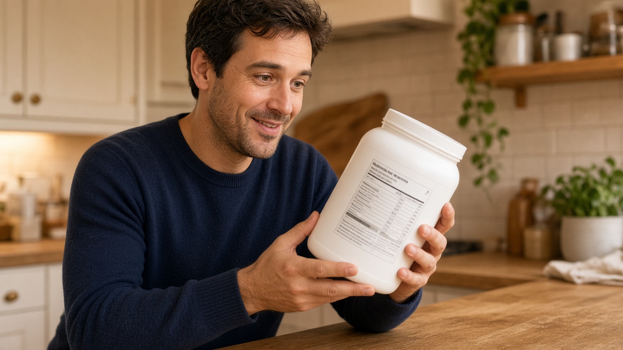 Smiling man in his kitchen holding a large tub of protein powder and reading the label