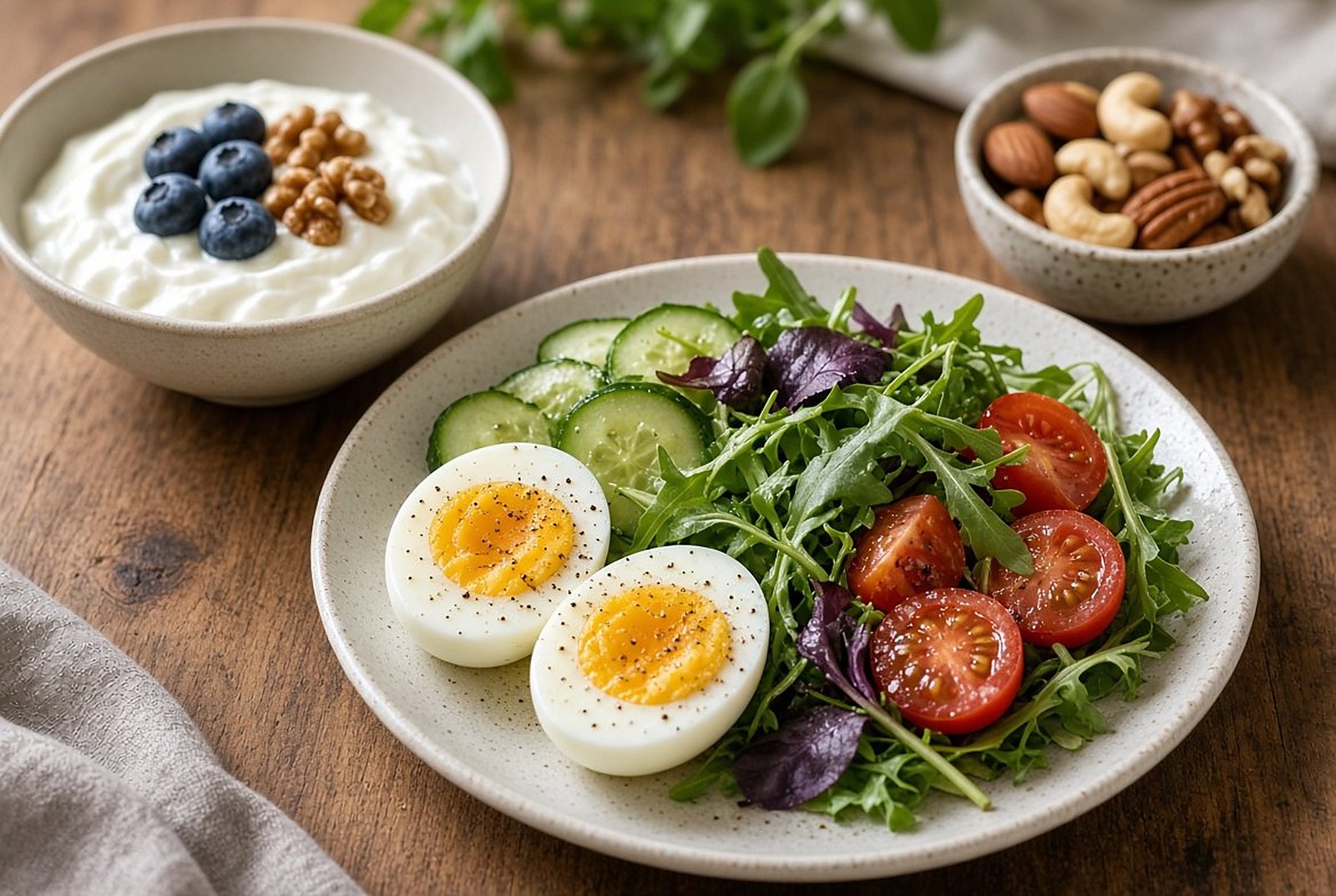 Petit-déjeuner et déjeuner riches en protéines après 40 ans : yaourt grec aux noix, œufs durs et salade sur une table en bois