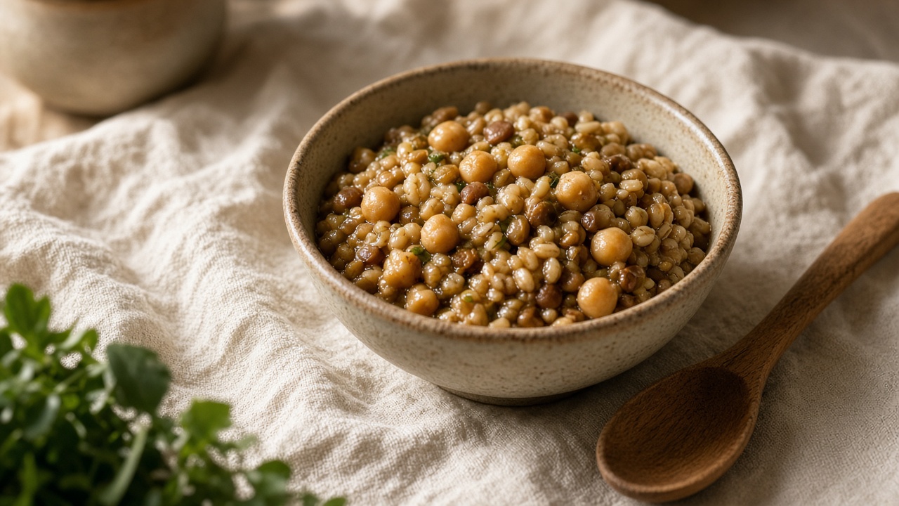 Bol de lentilles, pois chiches et céréales complètes, protéines végétales pour sportifs, lumière chaude de cuisine