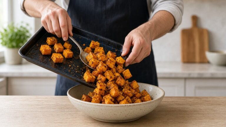 Person scooping roasted pumpkin cubes from a baking tray into a bowl, autumn kitchen