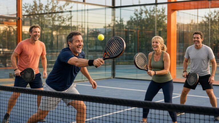 Friends laughing during a padel doubles match, in action at the net: racket sports health benefits