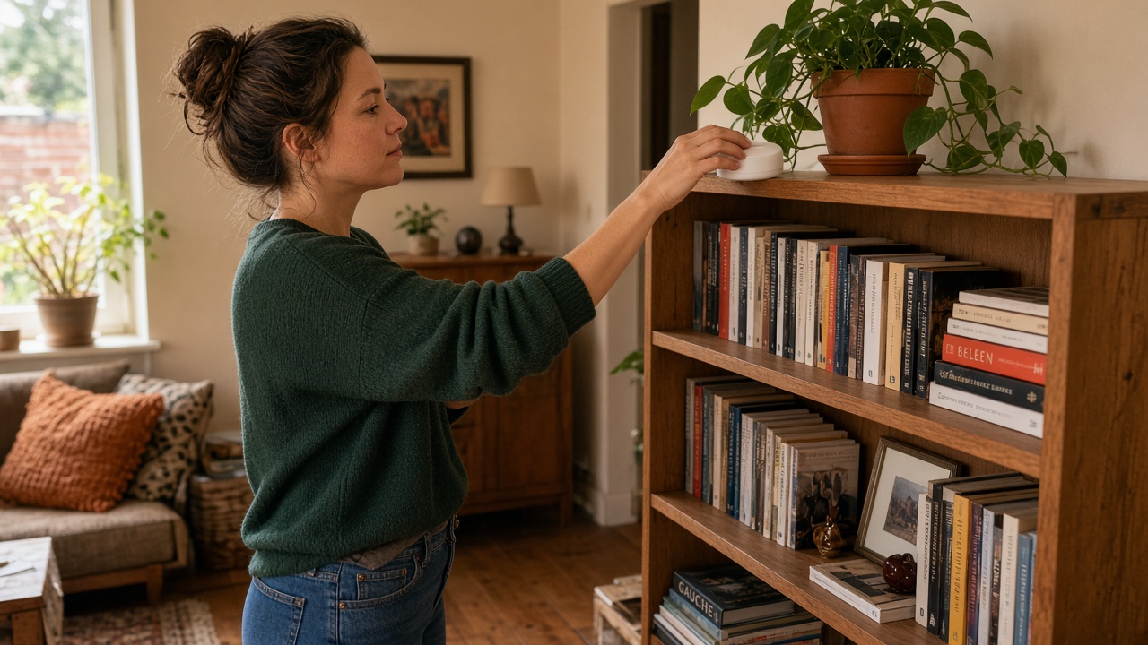 Iemand zet thuis een kleine ronde radondetector op een kast in de woonkamer