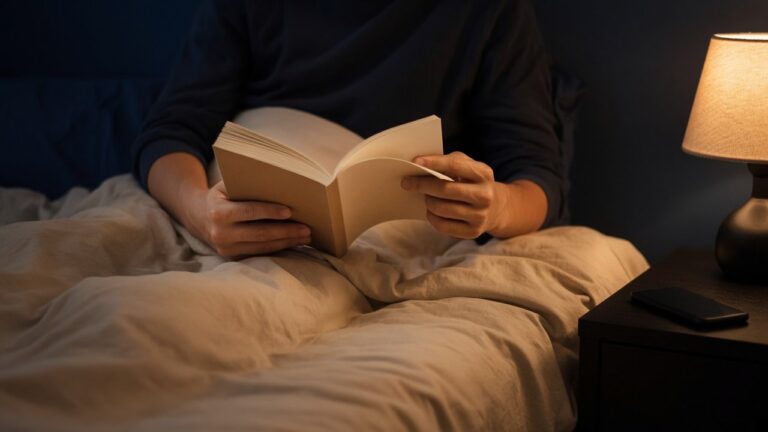Person reading a paper book in bed under a warm lamp, phone face down on the bedside table: reading before sleep