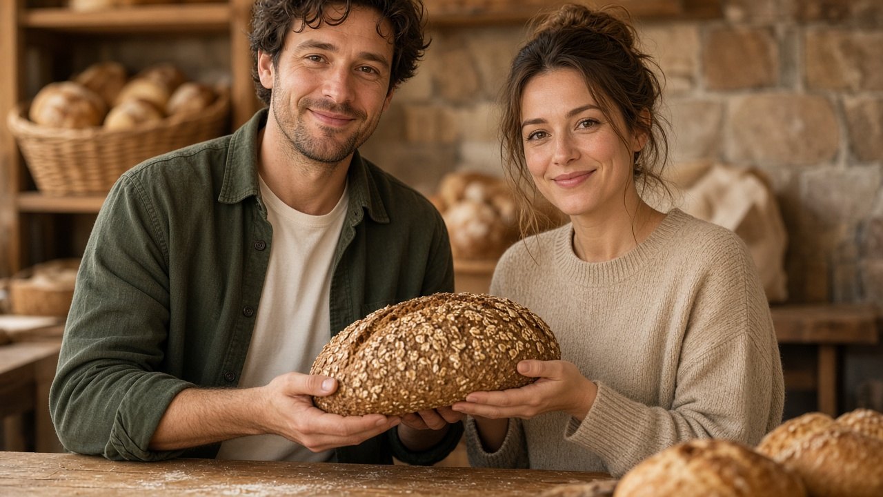 A man and a woman choosing a wholegrain bread together at a bakery counter, both seen from the front