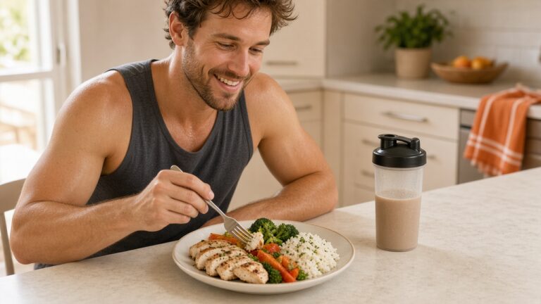 Athlete in a tank top eating a plate of chicken with rice and vegetables, a recovery shake next to it on the table