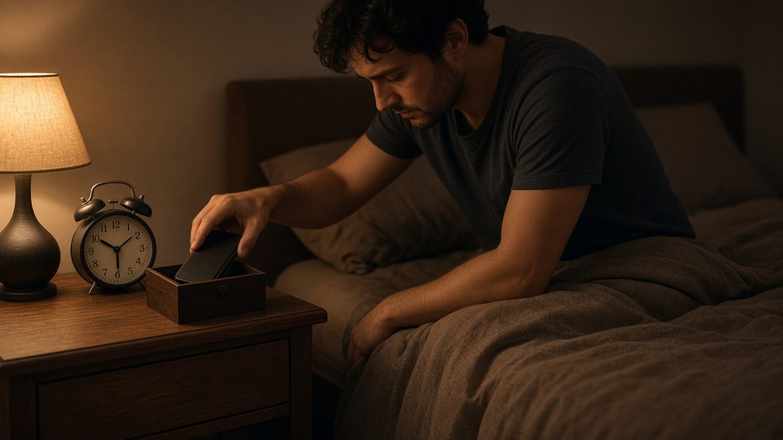 Homme assis au bord du lit rangeant son smartphone dans une boîte en bois à côté du réveil sous une lampe tamisée, rythme de sommeil régulier