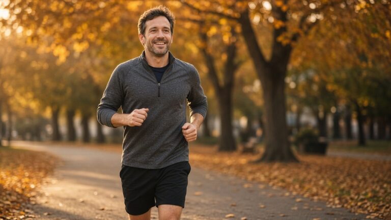 A runner getting back into training after a break, jogging and smiling in the park