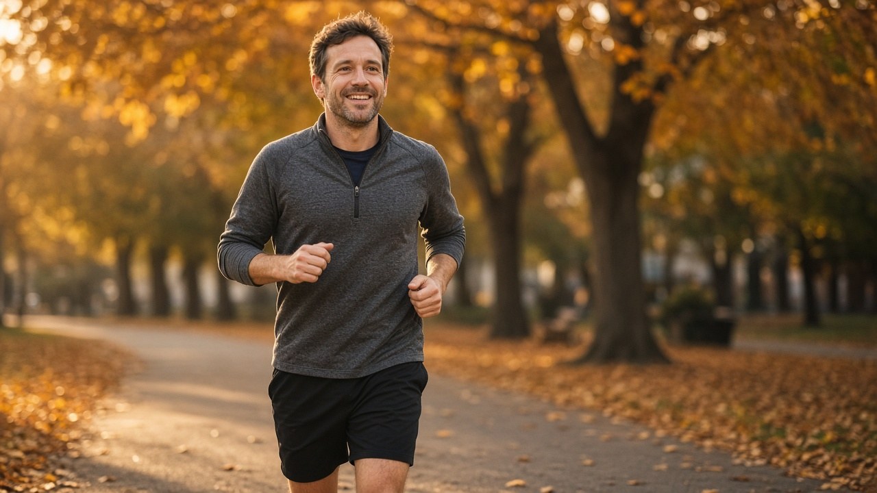 A runner getting back into training after a break, jogging and smiling in the park