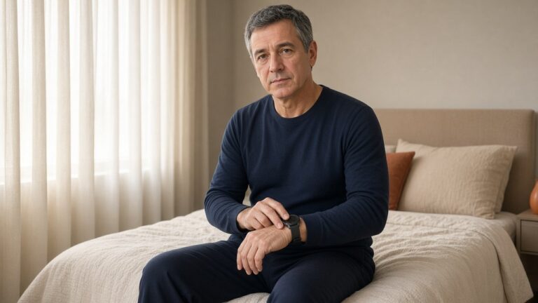 A man sitting on the edge of his bed in the morning measures his resting heart rate with two fingers