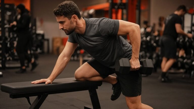 Een sporter doet dumbbell-rows met concentratie, andere sporters onscherp op de achtergrond.