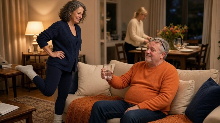 Rusteloze benen: een vrouw rekt 's avonds haar kuit in de woonkamer terwijl haar man haar een glas water aanreikt