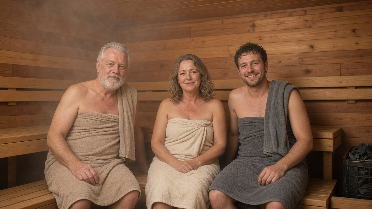 Drie volwassenen van verschillende leeftijd zitten ontspannen in een houten sauna, alle drie van voren zichtbaar