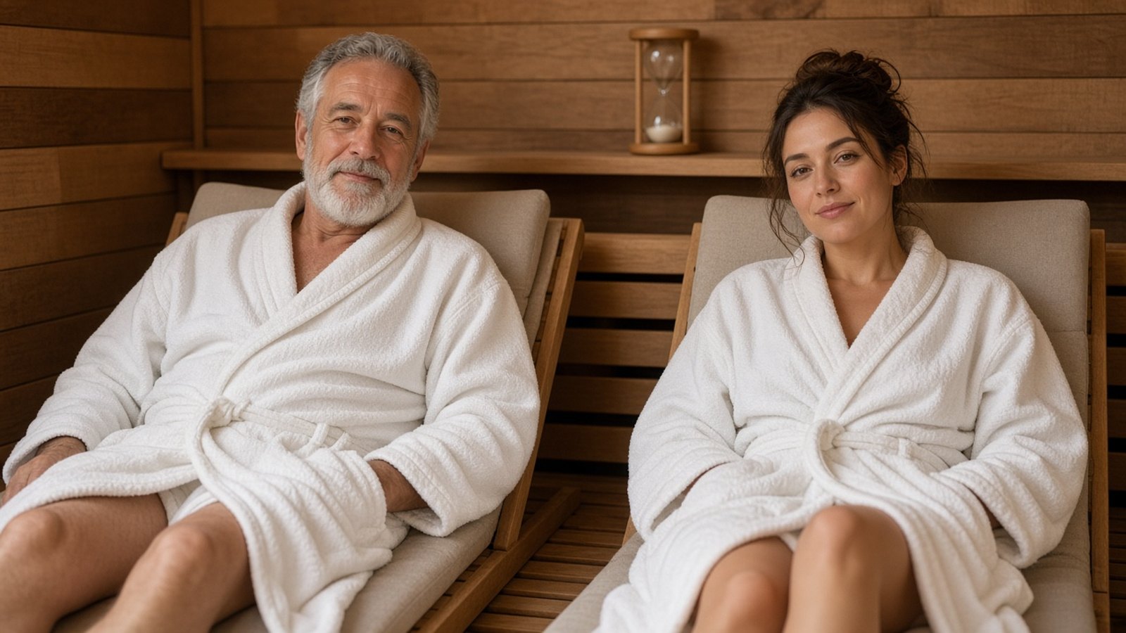 Een oudere man en zijn volwassen dochter koelen rustig af op ligstoelen in de rustruimte van een sauna, beide van voren zichtbaar
