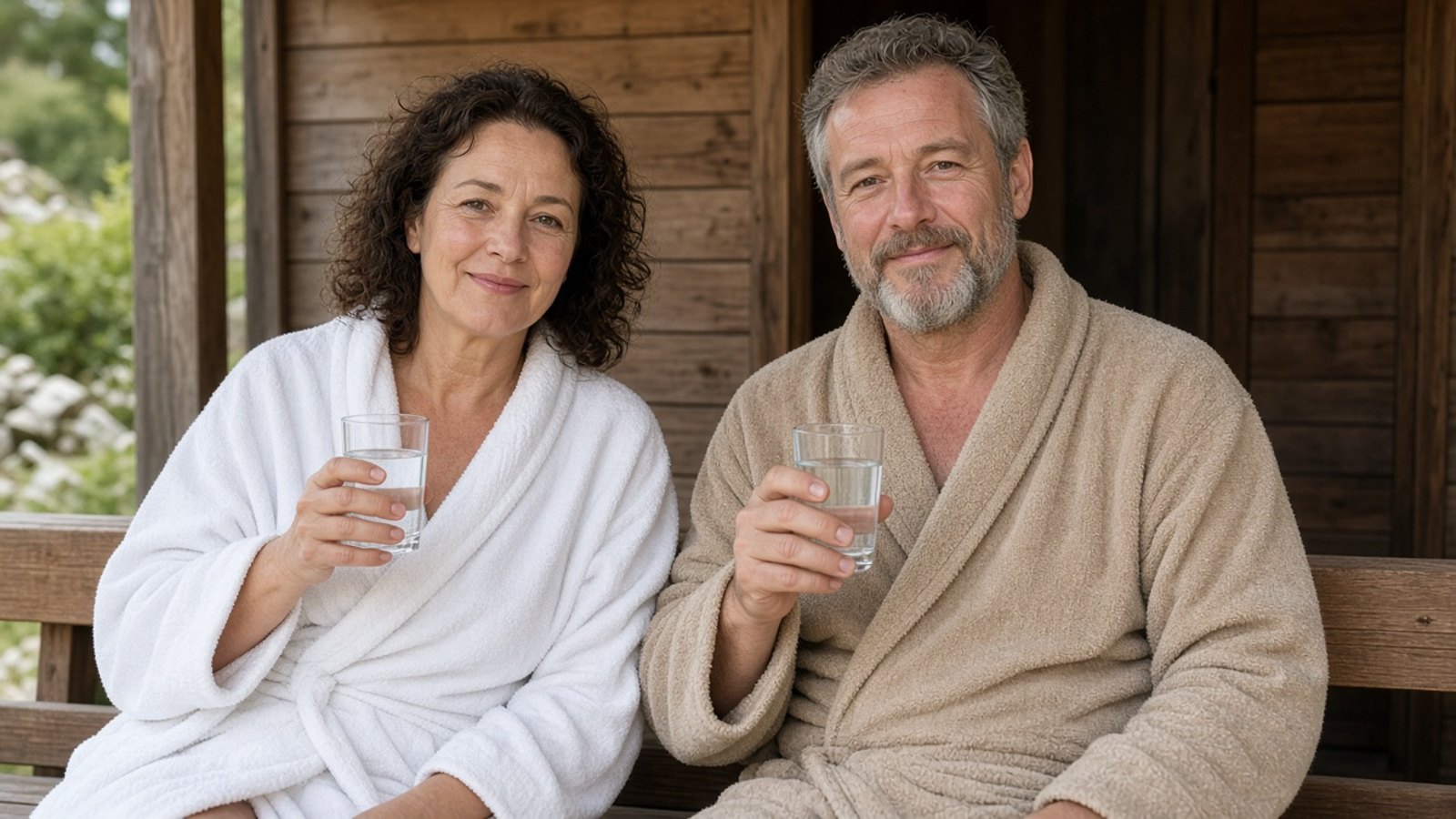 Een vrouw en een man van middelbare leeftijd in badjas drinken een glas water buiten bij de sauna, beide van voren zichtbaar