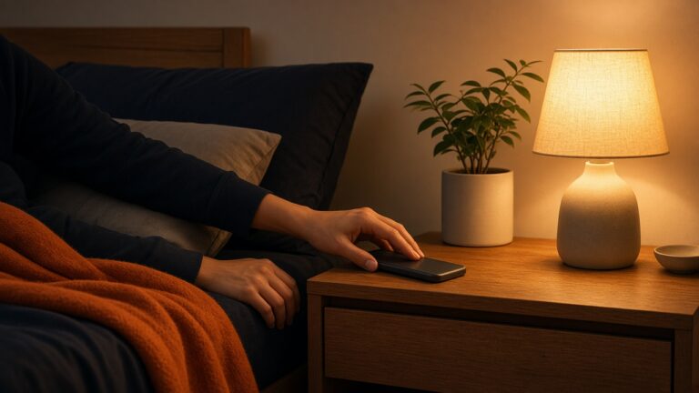 Phone face down on the bedside table next to a warm lamp, an evening routine with no screen before sleep