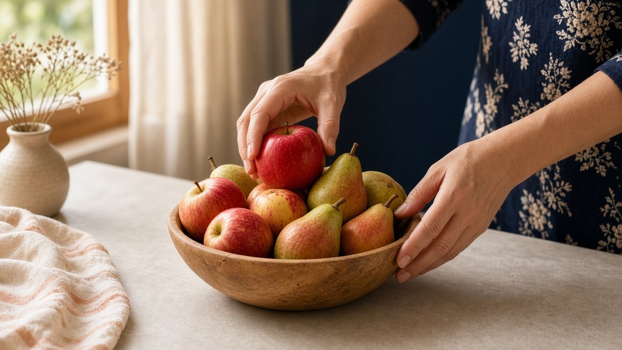 Persoon schikt verse appels en peren in een houten kom op het aanrecht