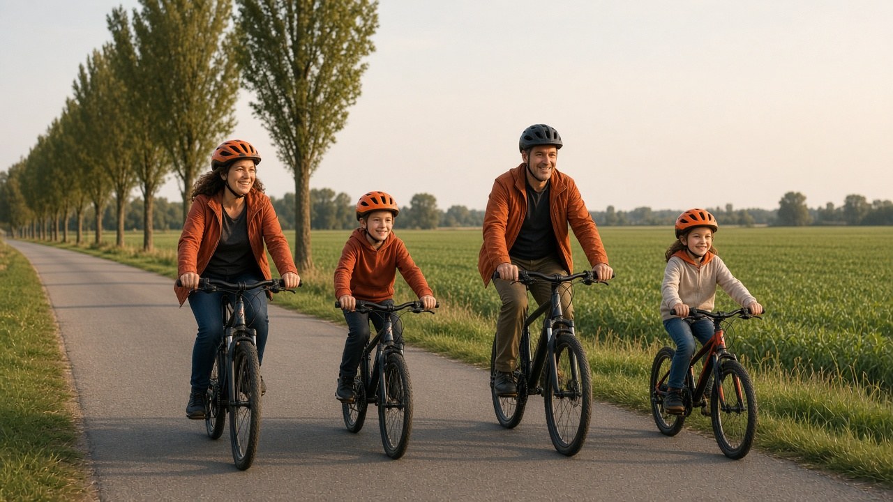 Une famille fait du vélo ensemble un dimanche dans la campagne belge, une semaine santé équilibrée