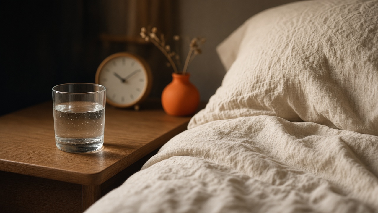 Scène matinale neutre : verre d'eau, montre de repos, lumière tamisée, récupération sans gadgets