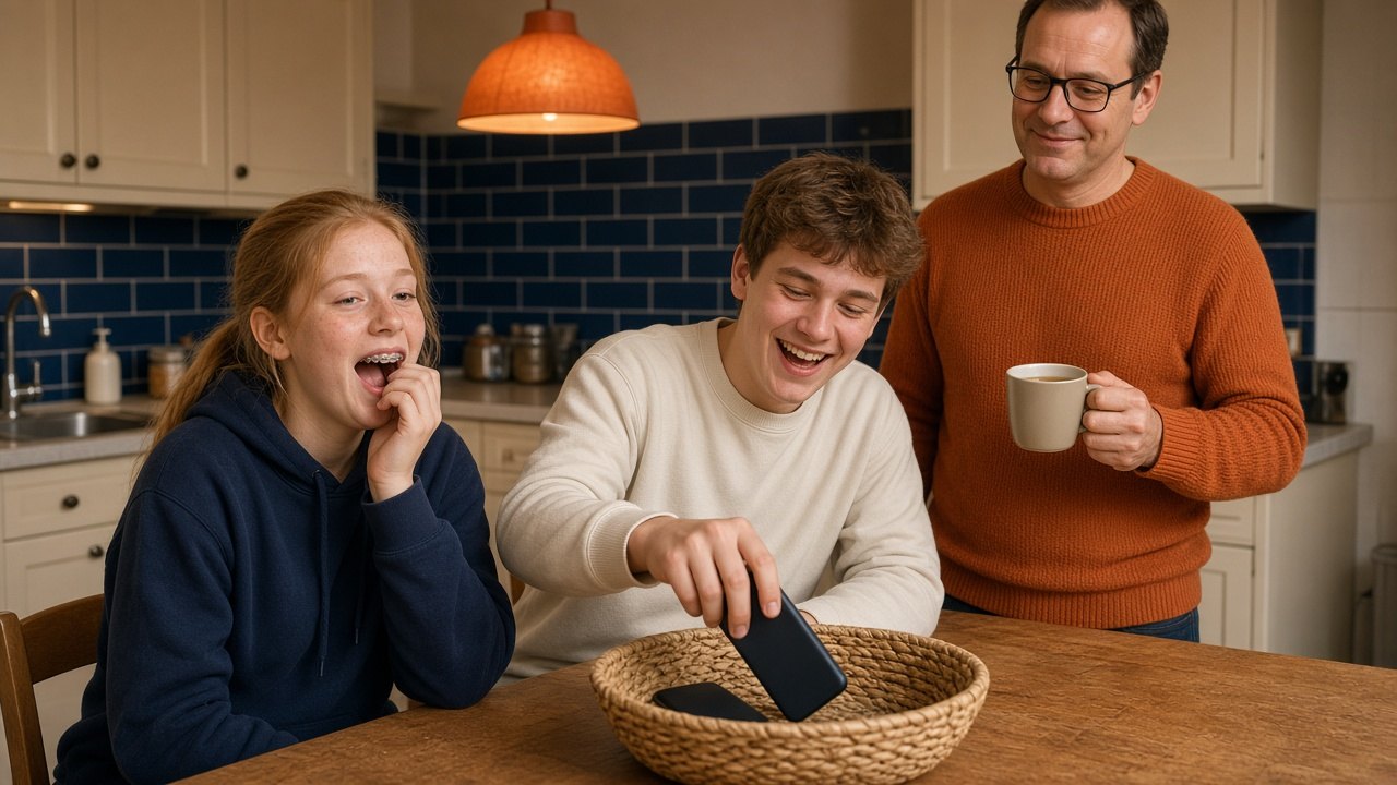 Slaap bij tieners: een slaperige tienerdochter en haar vriend leggen 's avonds hun gsm in een mandje terwijl haar vader met thee toekijkt