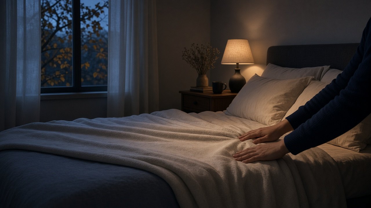 Open slaapkamerraam met licht wapperend gordijn en opgemaakt bed in koel herfstlicht