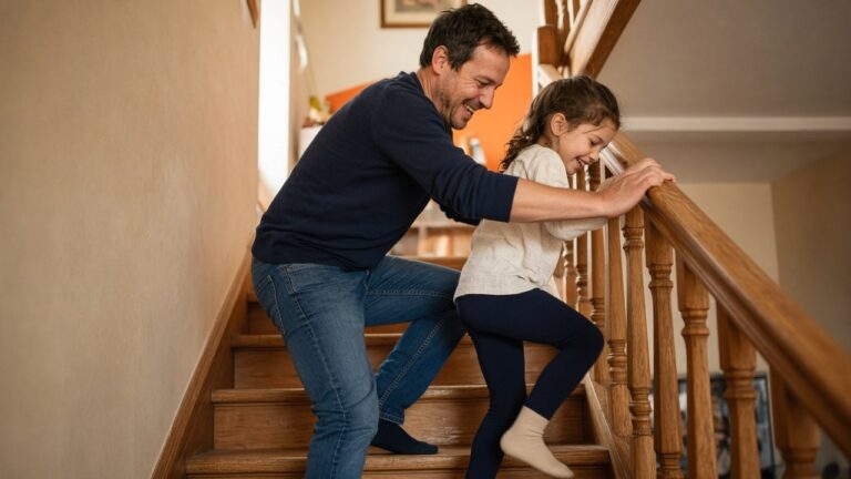 Un parent et un enfant montent les escaliers en riant à la maison, un snack d'activité