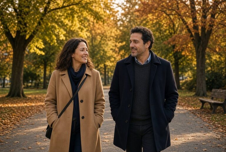 Vrouw en man wandelen pratend door een park in de herfst, een vaste wandeling als dagelijks sociaal contact