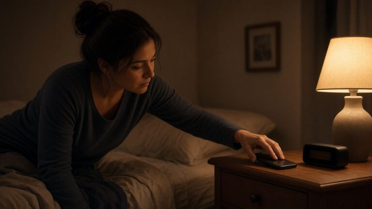 Person setting an alarm or putting the phone away by the bed in the evening, warm dimmed light: social jetlag