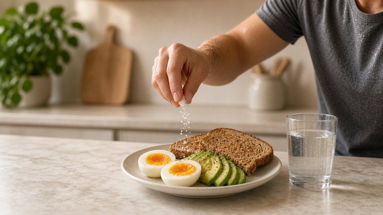 After a hard sweaty workout an athlete sprinkles a small pinch of salt over a simple recovery plate: sodium after exercise