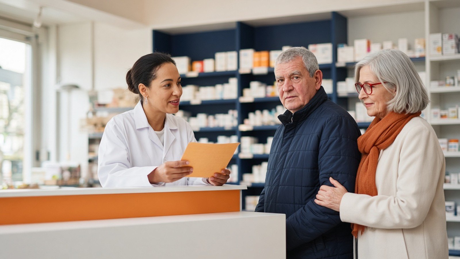 Somnifères après 65 ans : un couple âgé parle au comptoir avec une pharmacienne d'un plan de diminution progressive