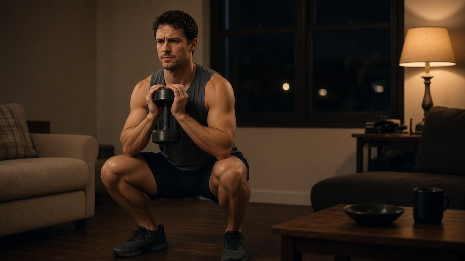 Homme faisant le soir un goblet squat avec un kettlebell au salon sous une lampe tamisée, sport le soir et sommeil