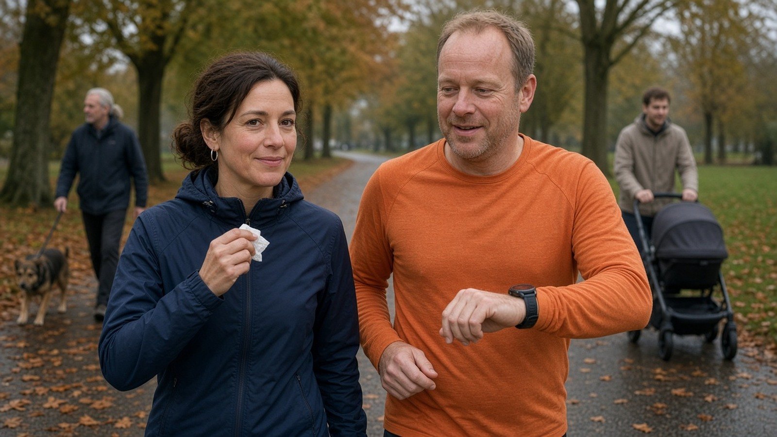 Sporten met een verkoudheid: twee vrienden joggen rustig samen in een herfstig park, de vrouw met een zakdoek in de hand