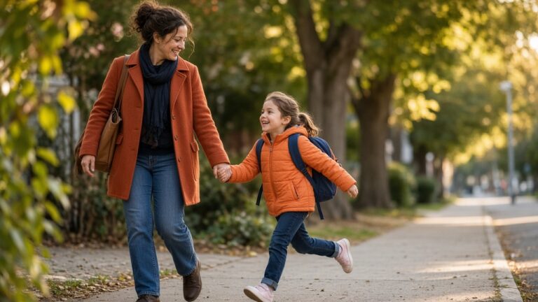 A parent and child walking to school while the child skips along: how many steps a day