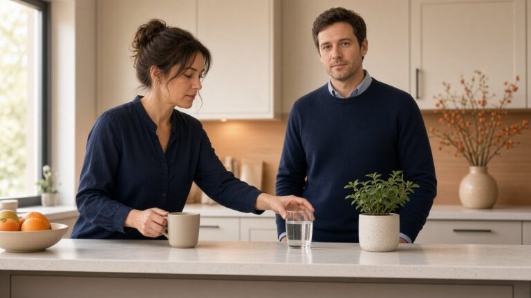 In the afternoon a woman sets aside her coffee and reaches for a glass of water to stop caffeine, next to a colleague