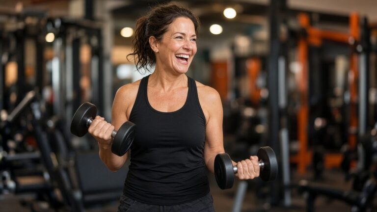 A woman of about forty-five doing strength training with dumbbells and laughing genuinely