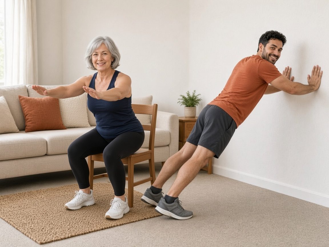 Older woman doing a chair squat and a man doing an incline push-up against the wall in a living room, two exercises from strength training for beginners