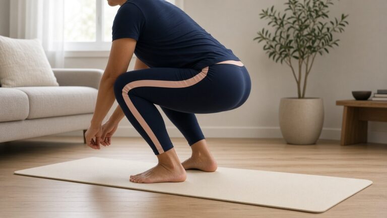 Person doing a bodyweight squat in the living room, strength training at home with no equipment