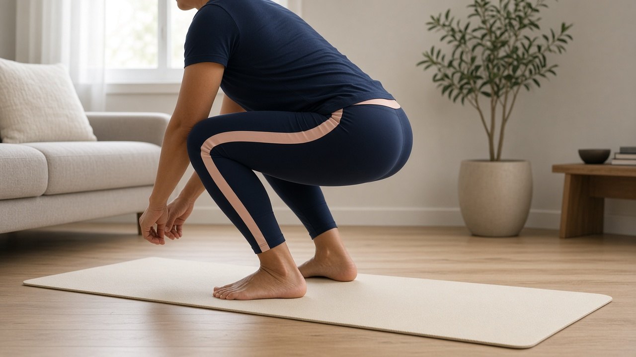 Person doing a bodyweight squat in the living room, strength training at home with no equipment