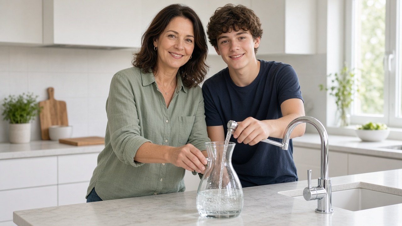A parent and a teenager pour tap water into a clear carafe in the kitchen instead of sugary drinks