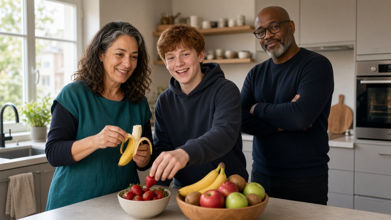 Suiker in fruit: een moeder en haar tienerzoon delen aan het aanrecht een banaan en een kom aardbeien terwijl de vader toekijkt