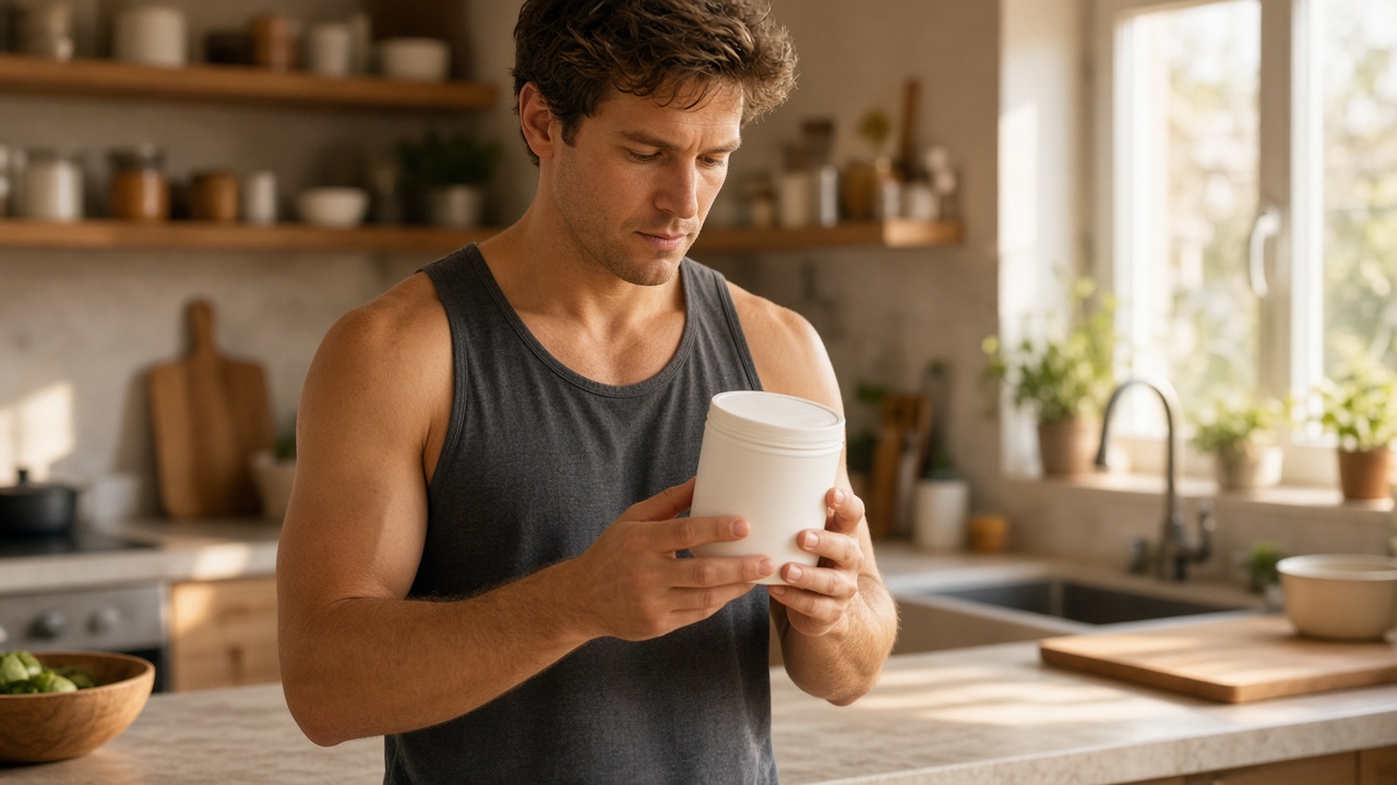 A hand holding an open tub of powdered supplement above the kitchen counter, supplement contamination risk