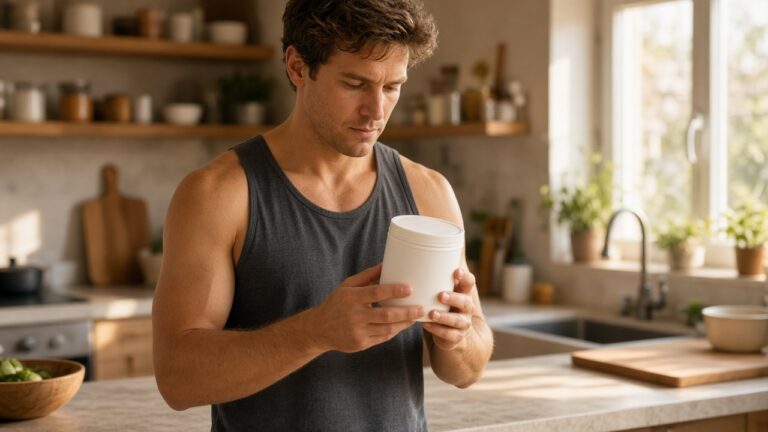 Une main tient un pot de complément en poudre ouvert au-dessus du plan de travail, risque de contamination des compléments